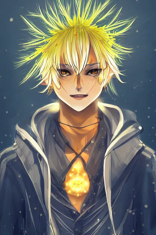 Image similar to amber glowing luminescent dandelion male anime character, symmetrical, highly detailed, digital art, sharp focus, trending on art station, amber eyes, autumnal colours