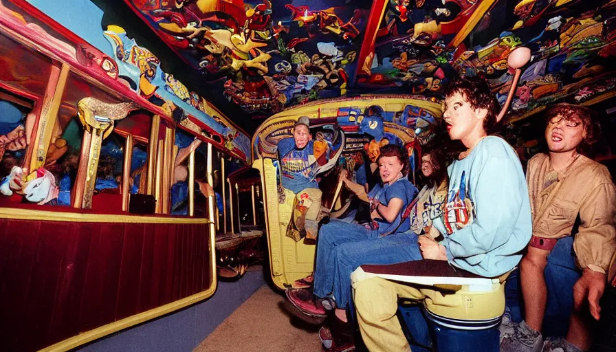 Image similar to 1990s photo of inside the Crazy Joe's Mystery House Show ride at Universal Studios in Orlando, Florida, riding a toilet car through Joe's nightmare , cinematic, UHD