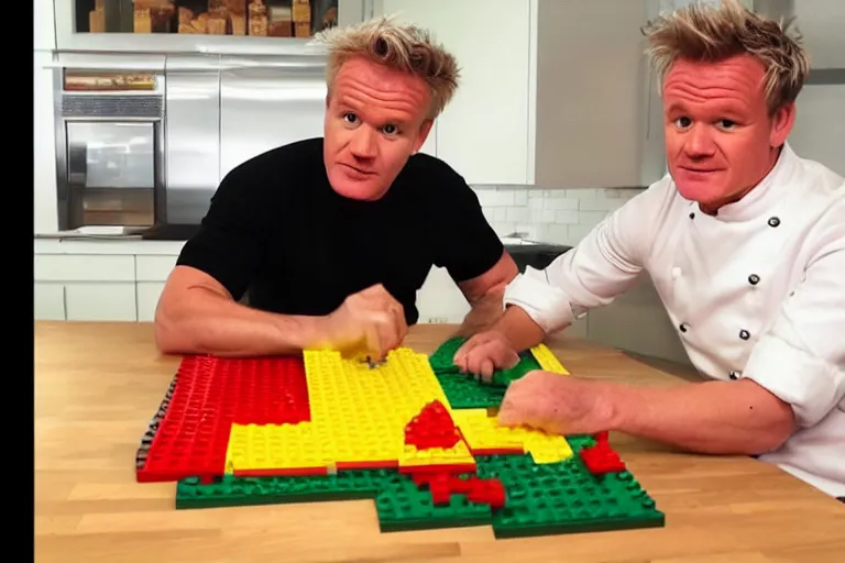 Prompt: gordon ramsey building a lego food