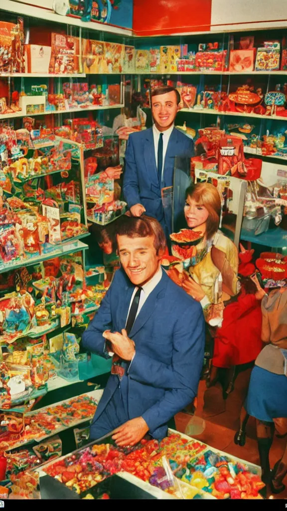 Prompt: closeup 6 0 s photo of a business man in a candy shop, kodachrome