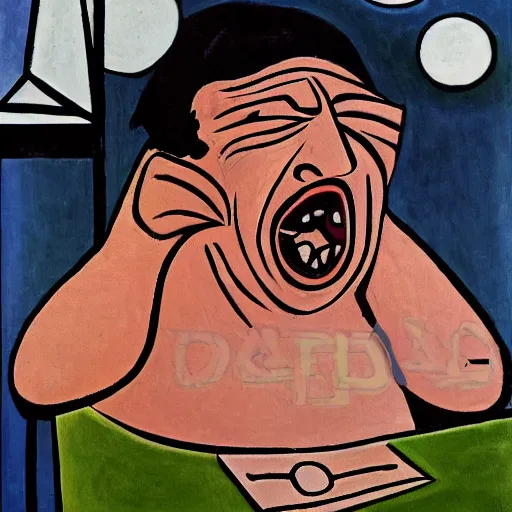 Prompt: an angry man screams at his computer monitor, in the style of pablo picasso