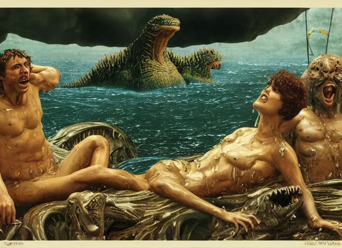 Image similar to wet slimy godzilla attacking the raft of the medusa, painting by lawrance alma - tadema by roger corman by richard corben by rick baker, 4 k, hyper - realistic, highly detailed