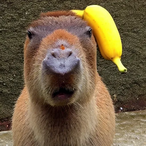 Prompt: capybara with a banana on its head