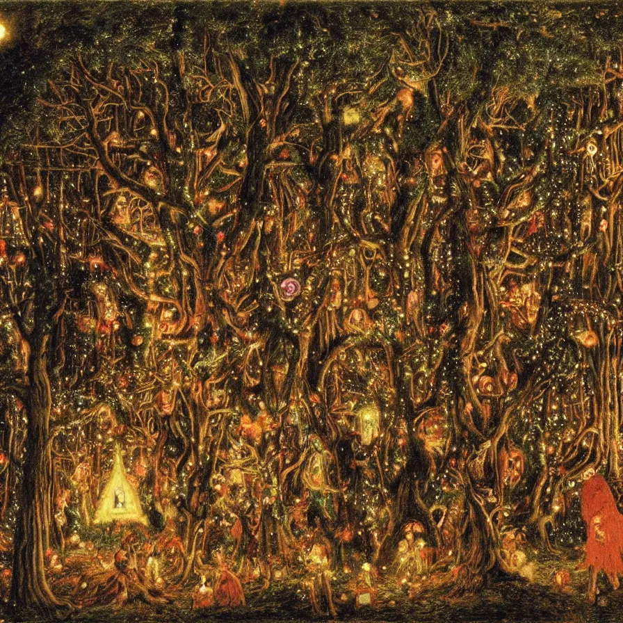 Image similar to a night carnival around a magical tree cavity, with a surreal orange moonlight and fireworks in the background, next to a lake with iridiscent water, christmas lights, folklore animals and people disguised as fantastic creatures in a magical forest by summer night, masterpiece painted by ford madox brown, dark night environment