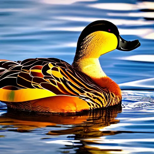 Prompt: beautiful digital painting of a duck with tiger colored feathers. It spreads its wings majestically as it takes off from a placid river in the south of france. Golden hour, perfect contrast, awe inspiring.