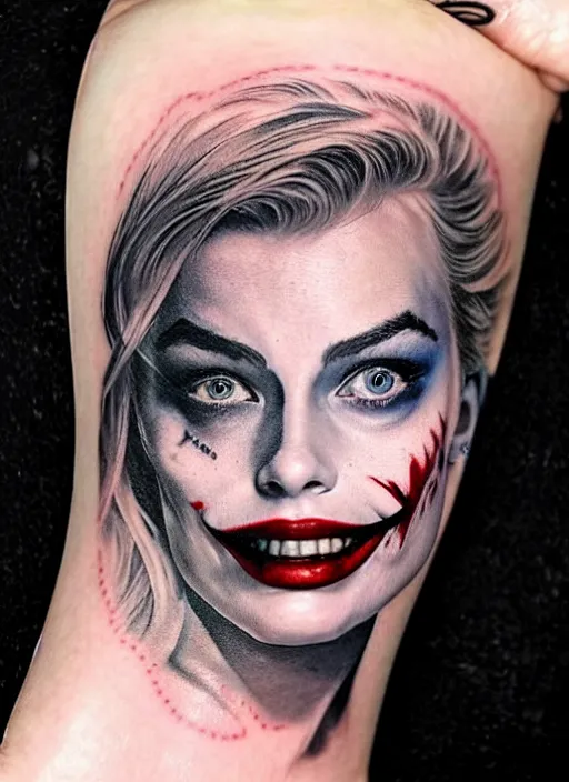 Image similar to tattoo design of margot robbie with joker makeup, ace card, in the style of matt jordan, realistic face, black and white, realism tattoo, hyper realistic, highly detailed