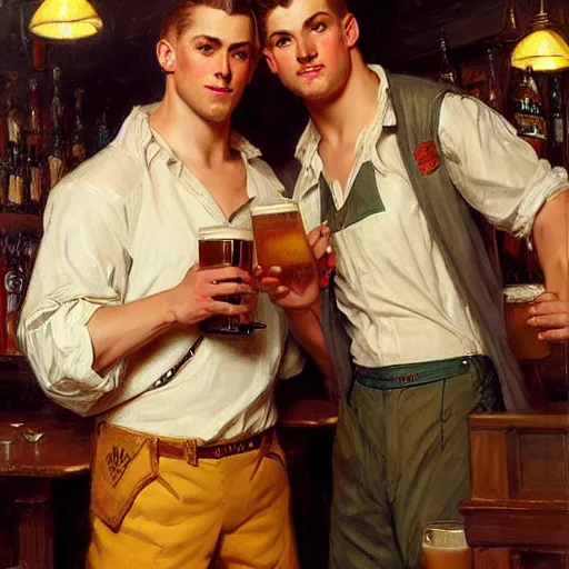 Prompt: attractive maculine male with brunet hair and attractive masculine male with blond hair. pants and shorts, drinking their hearts out, in a pub. highly detailed and very defined painting by j. c. leyendecker, gaston bussiere, craig mullins 8 k