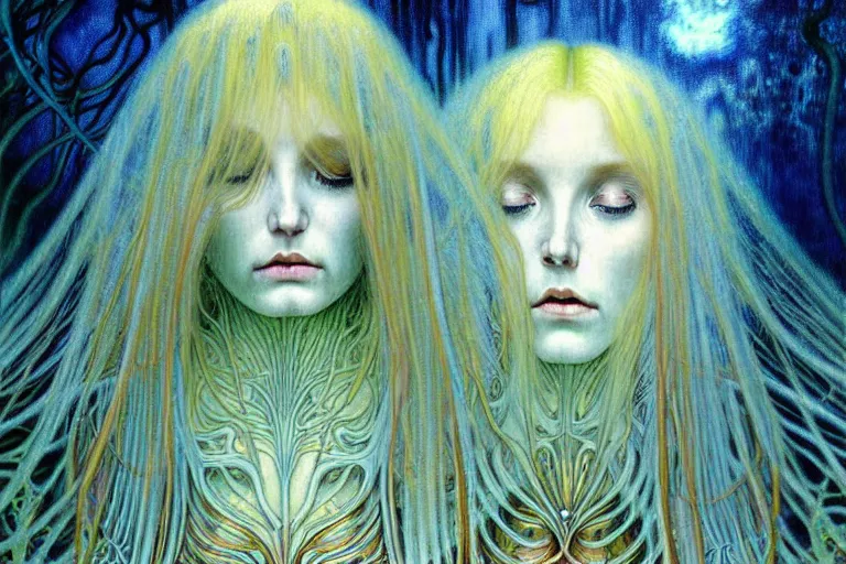 Prompt: realistic detailed portrait painting of a beautiful ghost woman with blond hair crying with an alien, futuristic sci-fi forest on background by Jean Delville, Amano, Yves Tanguy, Alphonse Mucha, Ernst Haeckel, Edward Robert Hughes, Roger Dean, rich moody colours, blue eyes