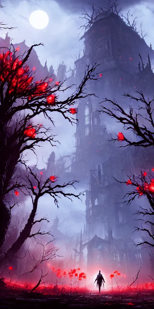 Image similar to abandoned bloodborne old valley with a person at the centre and a ruined city at the end, trees and stars in the background, falling red petals, epic red - orange moonlight, perfect lightning, illustration by niko delort and kentaro miura, 4 k, ultra realistic