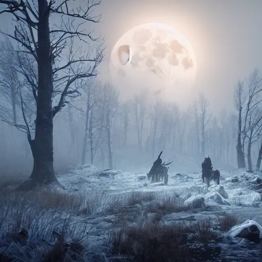 Image similar to the wild hunt, spectres, riding in the sky, blizzard storm, fog, full moon, snowy environment, bad omen, in the style of the witcher series, hyperrealism, breathtaking, award winning, groundbreaking, octane render, unreal 5, intricate digital art, 8 k hi - res