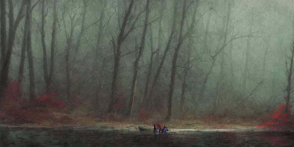 Image similar to an old broken ship in an autumn forest, green and red tones, by Aron Wiesenfeld and beksincki, cinematic, detailed illustration, nature, fog, dark colors, suspense, intricate, 8k