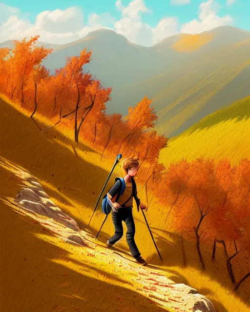 Image similar to autumn hillside boy hiking illustration detailed, by quentin mabille