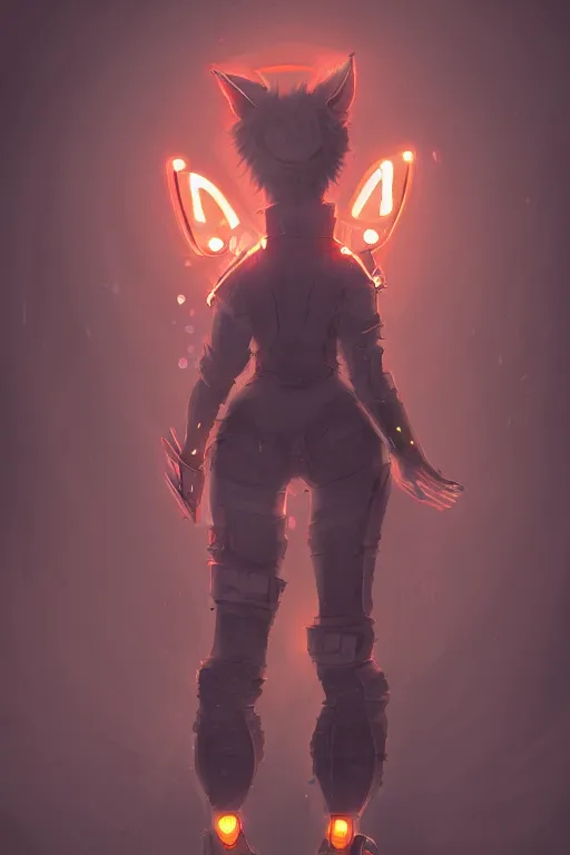 Image similar to an anthropomorphic cyberpunk fox, backlighting, trending on artstation, digital art, furry art, trending on furaffinity, fantasy art, by kawacy, view from behind, fluffy tail