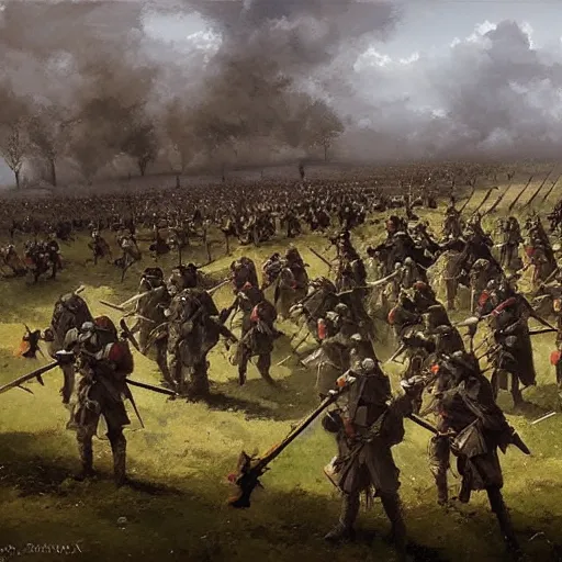 Image similar to two armies prepare for battle in the style of Jakub Rozalski