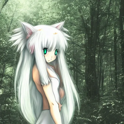 Prompt: a cute white long haired anime foxgirl, in a forest