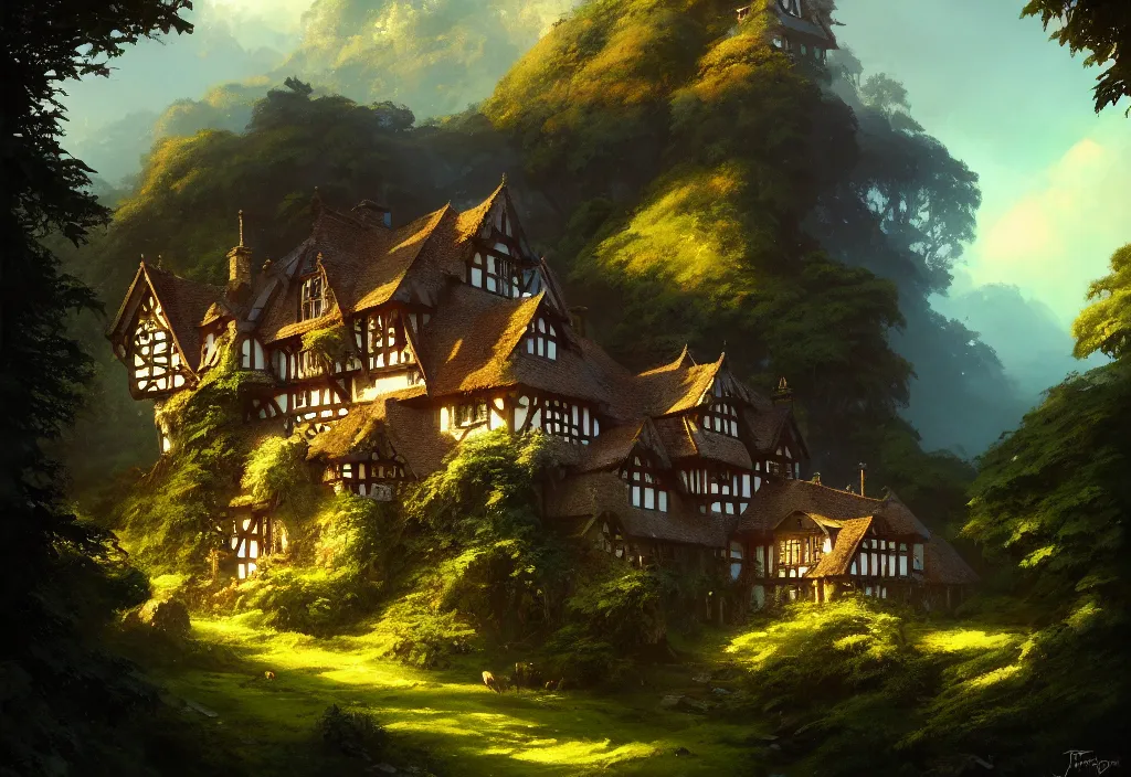Image similar to a tudor house on a hillside surrounded by jungle, blue sky, cinematic view, detailed architecture, concept art, high detail, well lit, volumetric, godrays, vivid, trending on artstation, by jordan grimmer, art greg rutkowski