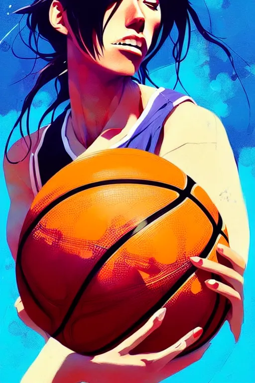 Prompt: a ultradetailed beautiful panting of a woman dribbling a basketball, by conrad roset, greg rutkowski and makoto shinkai, trending on artstation