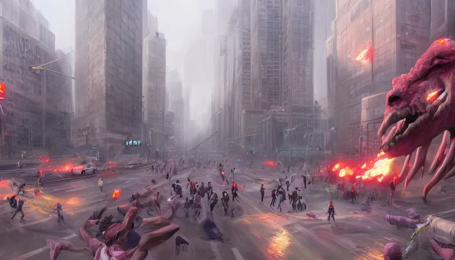 Image similar to Digital painting of people fleeing a giant monster attack in the streets in Chicago, hyperdetailed, artstation, cgsociety, 8k