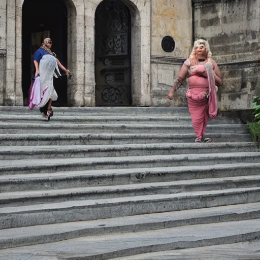 Prompt: a blonde woman with a fat Indian woman holding a rollator on steps in Porto, greg rutkowski