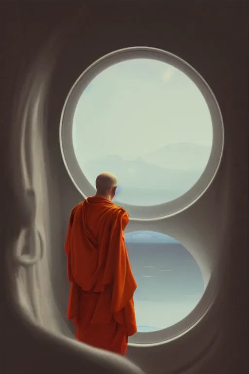 Image similar to portrait of a monk in a spaceship, looking out of a round window at nebula, orange robe, dramatic lighting, artstation, matte painting, ralph mcquarrie