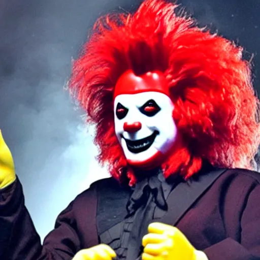 Image similar to ronald mcdonald performing with slipknot