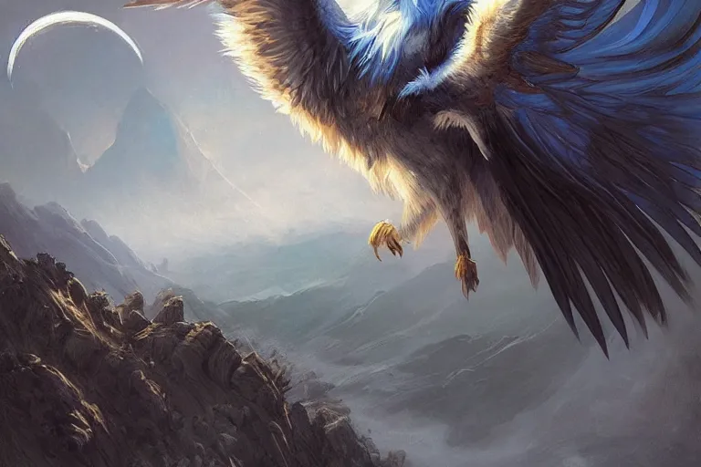 Image similar to Blue feathered wolf with wings on a beautiful fantasy landscape, hills, mountains, moonlit, HD, illustration, epic, D&D, fantasy, intricate, elegant, highly detailed, digital painting, artstation, concept art, smooth, sharp focus, illustration, art by artgerm and greg rutkowski and alphonse mucha