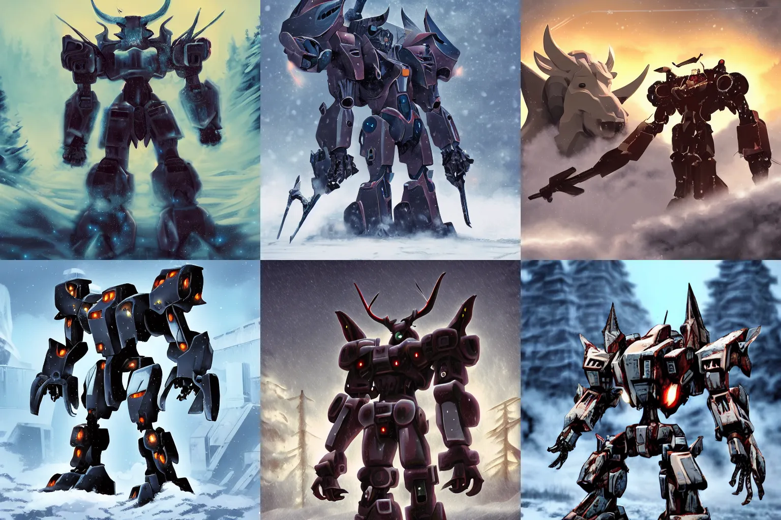 Prompt: mecha minotaur, snowy background, character art, cinematic, dramatic