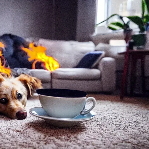 Prompt: a photo of a dog sipping tea in a living room that ’ s on fire