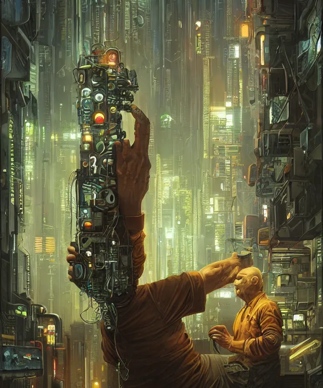 Prompt: a painting of a man holding a machine in his hands, cyberpunk art by les edwards and by michael whelan and by dan mumford, cgsociety, neoplasticism, lovecraftian, future tech, circuitry