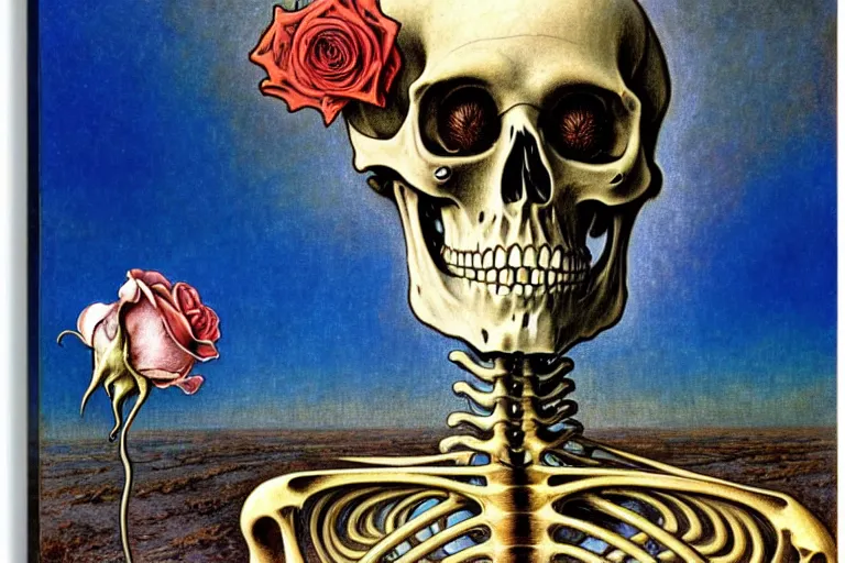 Prompt: realistic detailed portrait painting of a skeleton with a single rose in a dystopian desert by Jean Delville, Amano, Yves Tanguy, Alphonse Mucha, Ernst Haeckel, Edward Robert Hughes, Roger Dean, rich moody colours, blue eyes