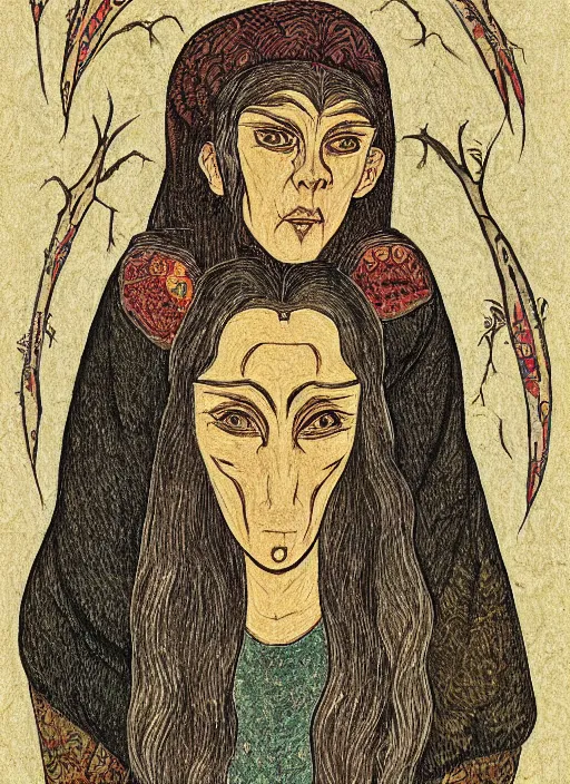 Image similar to portrait of likho ; scary slavic tale ; ivan bilibin style ; 8 k ; sharp focus