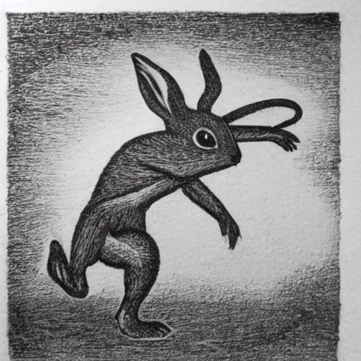 Prompt: bold etching of a jackrabbit running downward