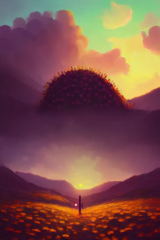 Image similar to giant daisy flower head, walking in the mountains, surreal photography, sunrise, dramatic light, impressionist painting, colorful clouds, digital painting, artstation, simon stalenhag