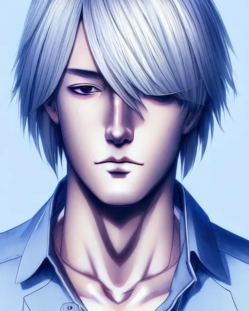 Image similar to portrait Anime Blonde Guy Short Hair Sharp fine face, pretty face, realistic shaded Perfect face, fine details. Anime. by makoto sinkai, katsuhiro otomo ghost in the shell movie scene, magali villeneuve, artgerm, rutkowski symmetrical, symmetrical features, coherent face-features