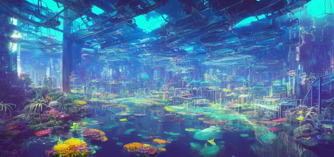 Prompt: beautiful view of an underwater solarpunk neon city, caustics, water, dappled light, reflections, bubbles, refraction, symmetry, dramatic lighting, ultra detailed, sharp, ambient occlusion, bloom, raytracing, vibrant, vivid colors, picturesque, by dylan cole, sebastian meyer and jordan grimmer