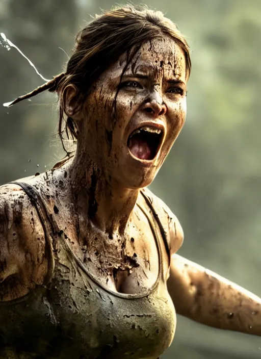 Prompt: a film still of lara croft screaming, her face muddy and sweat, direct sun light, close up potrait, cinematic,