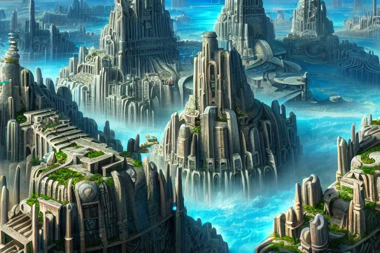 Image similar to a beautiful complex insanely detailed matte painting of the futuristic ancient city of Atlantis by Heironymous Bosch!!!!!!!, by James Gurney and Tyler Edlin, 4k, trending on artstation, aerial view