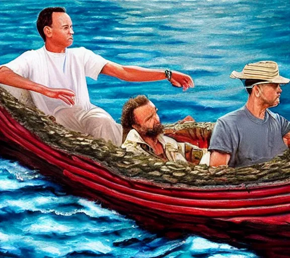 Image similar to Tom hanks as forrest gump sitting in a giant shrimp boat, majestic beautiful world, realism painting, amazing detail