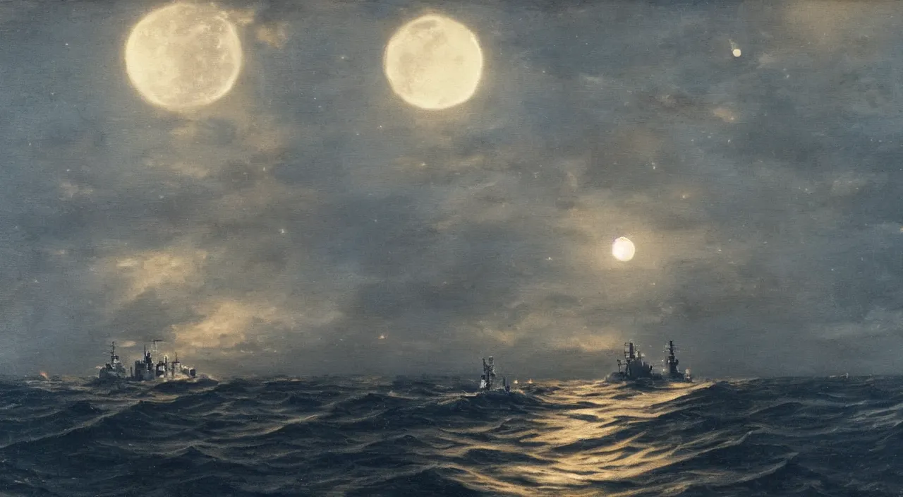 Prompt: Close up of battleship firing its cannons in a cloudy night in the middle of the ocean, lit by a single moon, oil painting