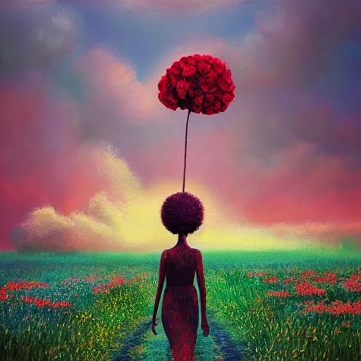 Image similar to giant red carnation afro, full body, girl walking in the middle of a field with flowers, surreal photography, hills, sunrise dramatic light, impressionist painting, colorful clouds, digital painting, pointillism, artstation, simon stalenhag