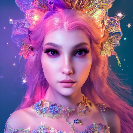 Prompt: portrait of fairy princess, beautiful, attractive, glowing, ornate and intricate, jaw dropping, dynamic lighting, colorful, fairy tale, intricate and detailed, 4 k octane render, age 1 9