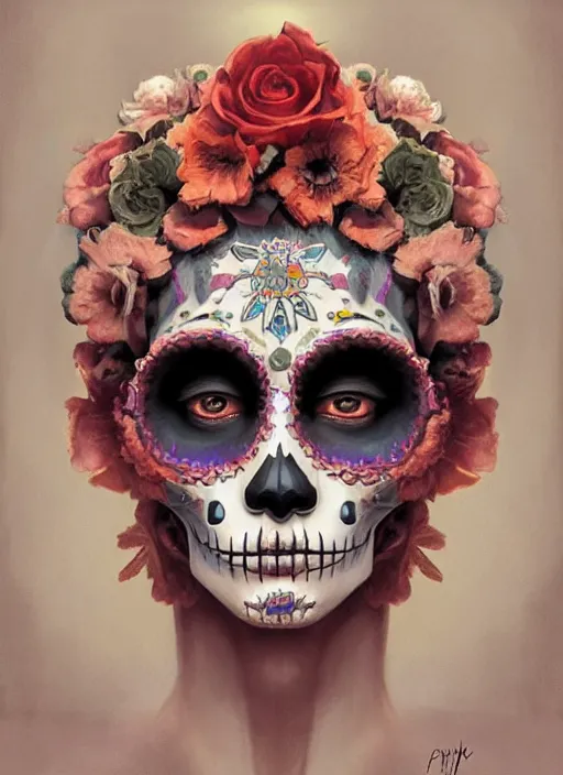 Image similar to digital _ painting _ of _ dia de los muertos _ by _ filipe _ pagliuso _ and _ justin _ gerard _ symmetric _ fantasy _ highly _ detailed _ realistic _ intricate _ port