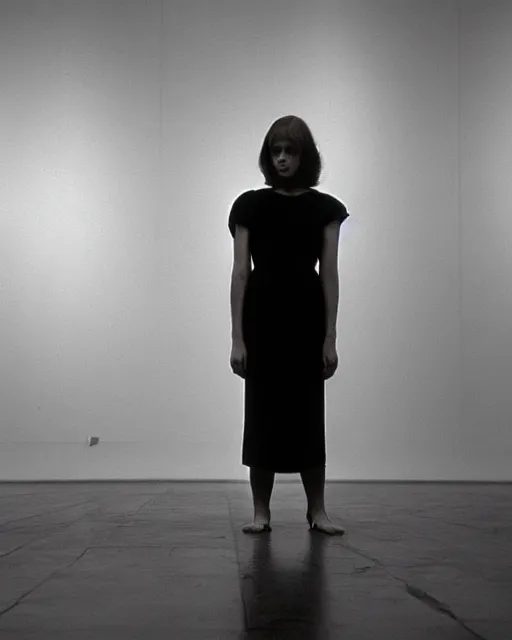 Image similar to a beautiful but horrifying young woman wearing an austere dress is standing in a vast and empty gallery. blood is on the walls, and the moon is shining through the windows. photographed in the 1 9 7 0 s, illustration