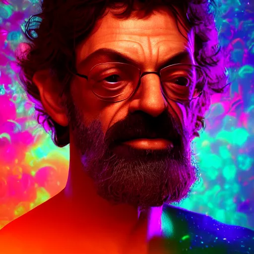 Image similar to terence McKenna posing seductively with psychedelic mushrooms, psychedelic, fractal, cinematic lighting, dramatic, octane render, full body, trending on artstation, perfect facial symmetry, bokeh, 8k, intricate, hyper detailed