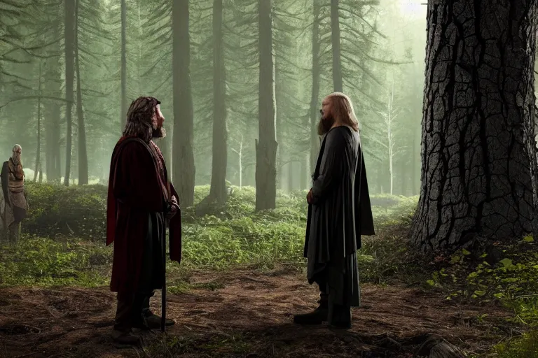 Image similar to still from a fantasy movie, a warlock discussing with another man, forest in the background, muted colors, 8 k, cinematic, very detailed face, hyperrealistic, movie still frame, promotional image, imax 7 0 mm footage