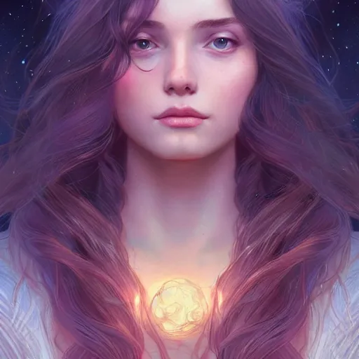 Prompt: girl with super long hair, hair becoming night stars, intricate, highly detailed, digital painting, artstation, concept art, smooth, sharp focus, illustration, unreal engine 5, 8 k, art by artgerm and greg rutkowski and alphonse mucha