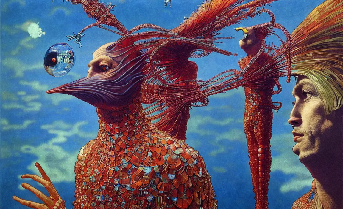 Image similar to realistic detailed portrait movie shot of a birdman wearing reflective transparent robes, sci fi city landscape background by denis villeneuve, amano, yves tanguy, alphonse mucha, ernst haeckel, max ernst, roger dean, masterpiece, rich moody colours, blue eyes