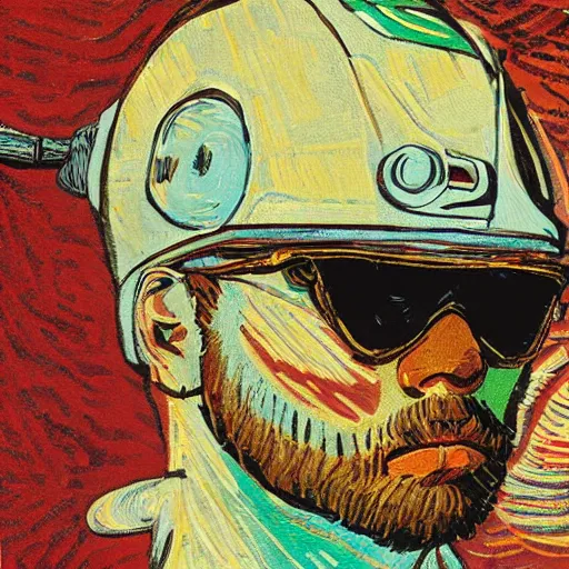 Image similar to Illustrated by Shepard Fairey and Greg Rutkpwski | Cyberpunk Van Gogh with VR helmet, surrounded by cables