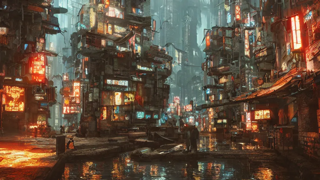 Image similar to immersed in, cyberpunk traditional village, realistic, concept art, octane render, fantasy, futuristic,, hyperrealistic, highly detailed, 4 k hd