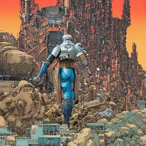 Prompt: hyperdetailed manga cover of a cyborg knight approaching a sci-fi castle by geof darrow and moebius, bokeh